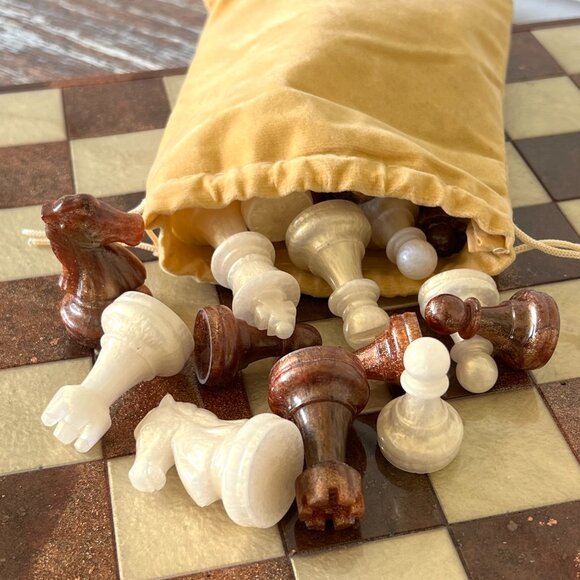 Marbled Copper-Bronze and Pearl Cream Chess Board Game with Velvet Bag 32 pieces - Picture 9 of 9